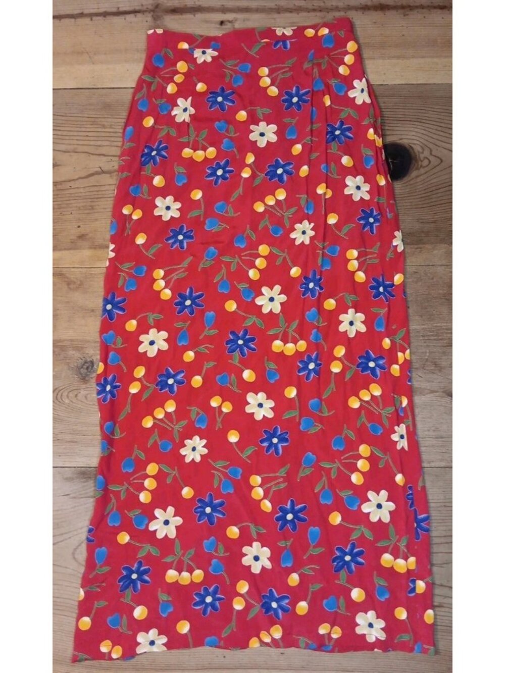 Vtg Central Falls Maxi Skirt Womens 4 Red Floral Rayon Back Zip Slit USA Made